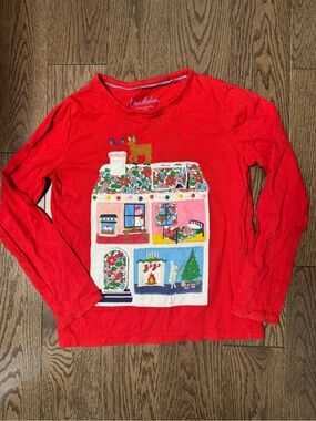 Mini Boden Red Kids Top with Blue Trim and Brown Appliqué 8/9